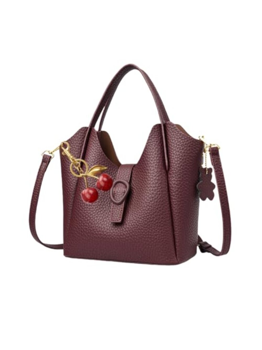 Vintage Faux Leather Bucket Crossbody Bag with Cherry Charm, Adjustable Strap